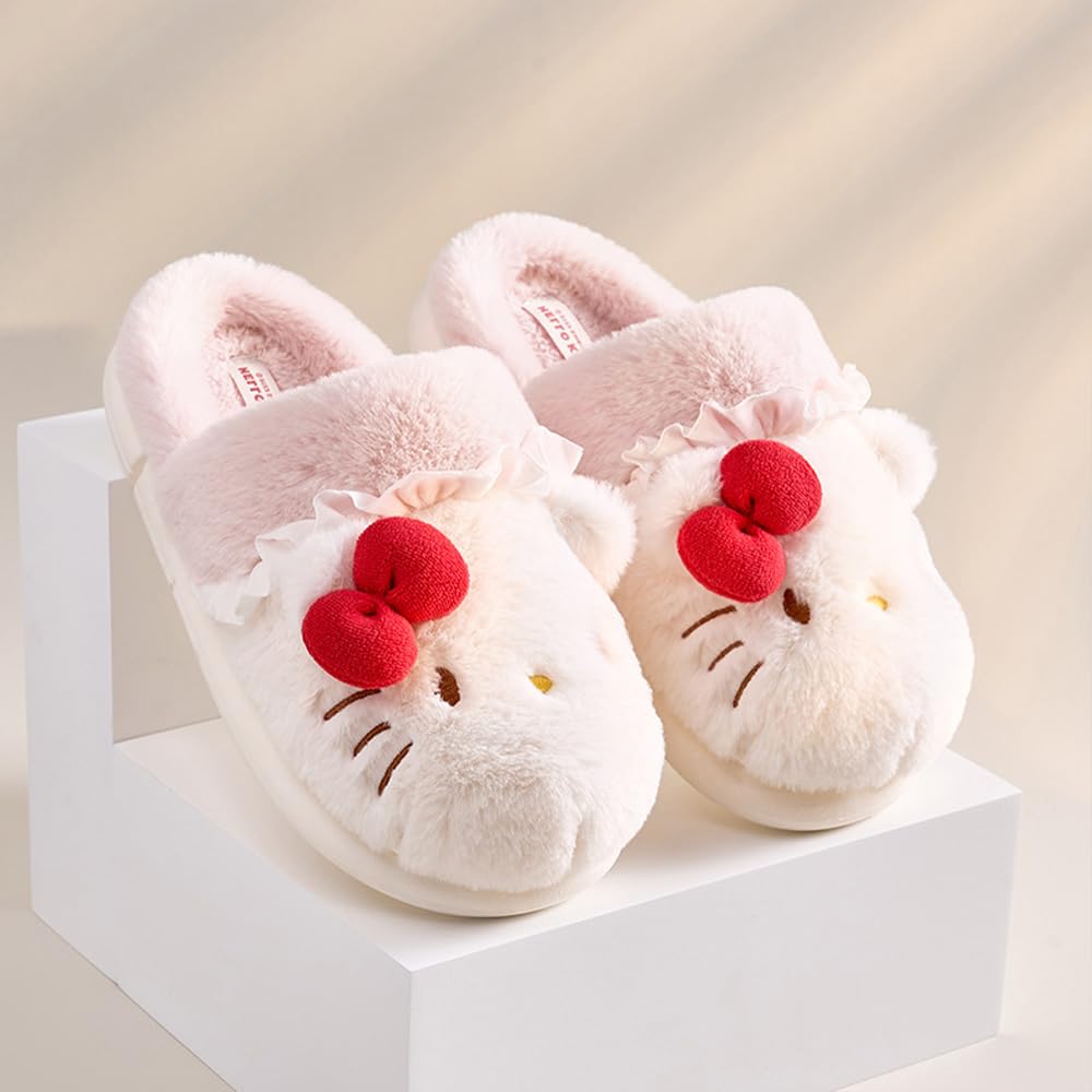 KERERI Kwaii Slippers Cute Furry Slides - Cartoon Womens Four Seasons Home Cotton Slippers Mute Cottons Slides Indoor House Home Shoes For Women