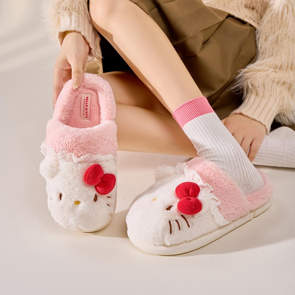 KERERI Kwaii Slippers Cute Furry Slides - Cartoon Womens Four Seasons Home Cotton Slippers Mute Cottons Slides Indoor House Home Shoes For Women