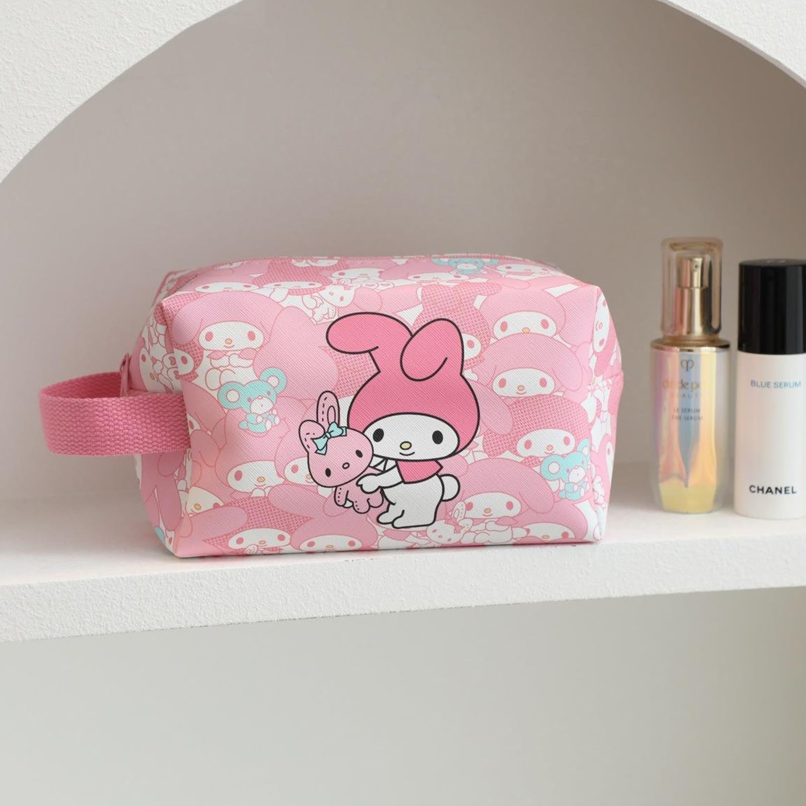 LokDra Kitty Travel Cosmetic Bag Cute Large Melody Cartoon Cosmetic Pouch Makeup Bag Foldable Storage Bags Anime Makeup Pouch with Mirror Travel Toiletry Bag Kawaii Accessories for Girls Women Pink