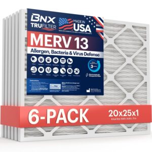 bnx trufilter 20x25x1 air filter merv 13 (6-pack) - made in usa - electrostatic pleated air conditioner hvac ac furnace filters for allergies, pollen, mold, bacteria, smoke, allergen, mpr 1900 fpr 10