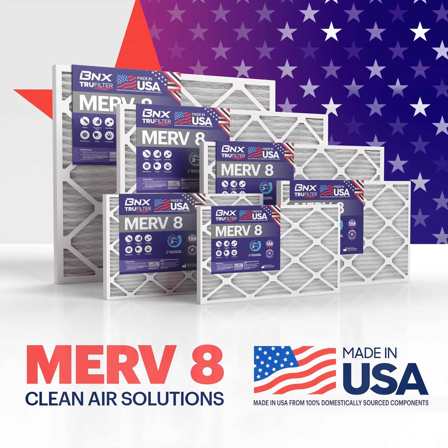 BNX TruFilter 20x25x1 Air Filter MERV 8 (6-Pack) - MADE IN USA – Dust & Pet Defense Electrostatic Pleated Air Conditioner HVAC AC Furnace Filters for Dust, Pet, Mold, Pollen MPR 600 – 700 & FPR 5