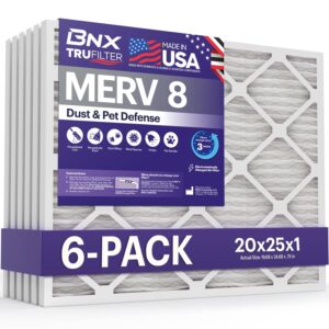 bnx trufilter 20x25x1 air filter merv 8 (6-pack) - made in usa – dust & pet defense electrostatic pleated air conditioner hvac ac furnace filters for dust, pet, mold, pollen mpr 600 – 700 & fpr 5