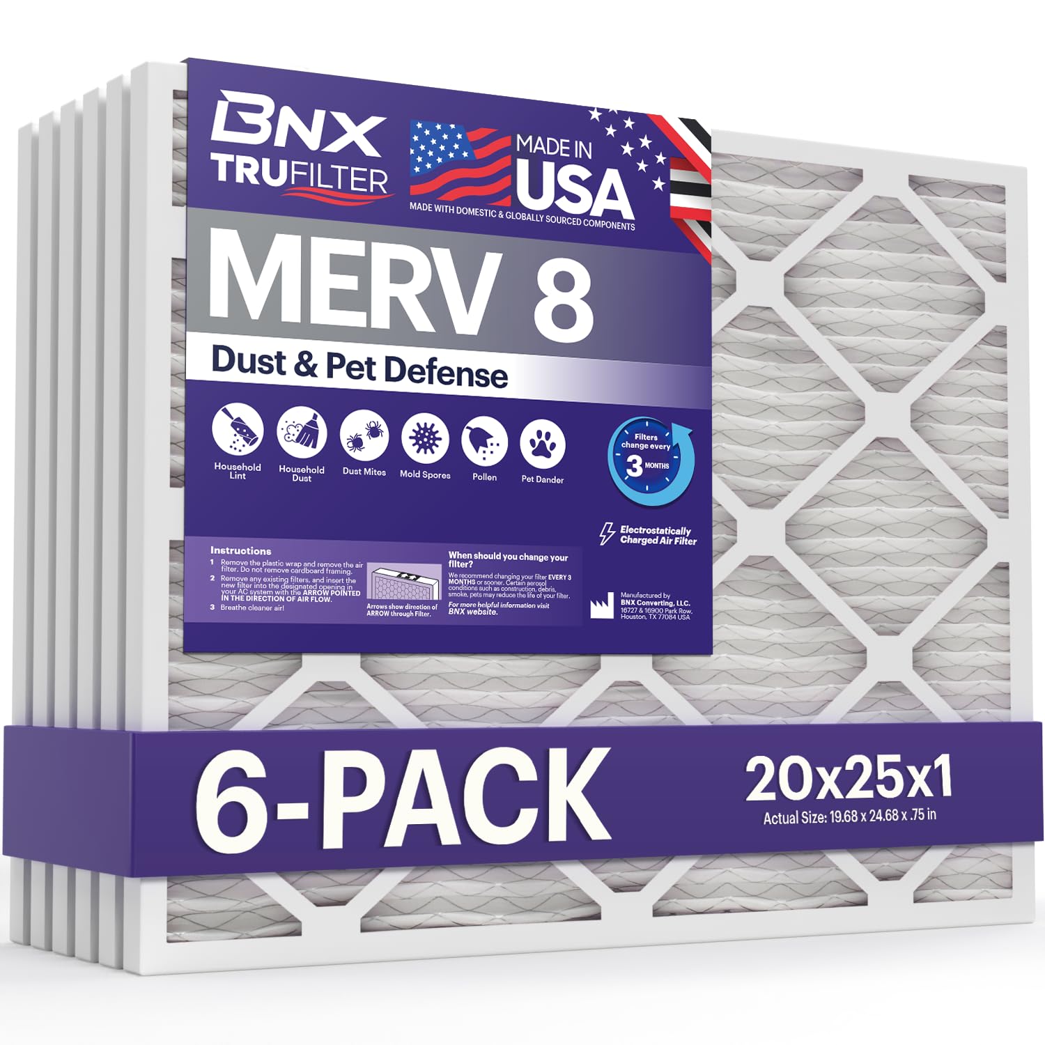 BNX TruFilter 20x25x1 Air Filter MERV 8 (6-Pack) - MADE IN USA – Dust & Pet Defense Electrostatic Pleated Air Conditioner HVAC AC Furnace Filters for Dust, Pet, Mold, Pollen MPR 600 – 700 & FPR 5