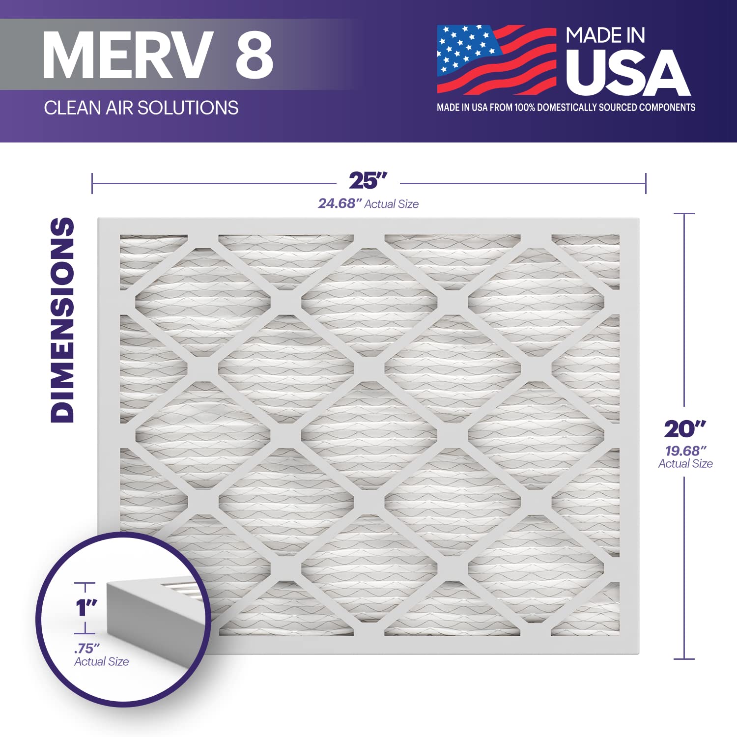 BNX TruFilter 20x25x1 Air Filter MERV 8 (6-Pack) - MADE IN USA – Dust & Pet Defense Electrostatic Pleated Air Conditioner HVAC AC Furnace Filters for Dust, Pet, Mold, Pollen MPR 600 – 700 & FPR 5