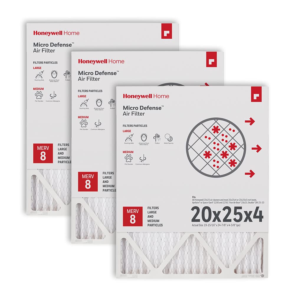 Honeywell Home 20x25x4 MERV 8, AC Furnace Air Filter, 3 PACK (CF100A1025-3PKAM) (Actual Dimensions: 19.94 x 24.87 x 4.38 in.)