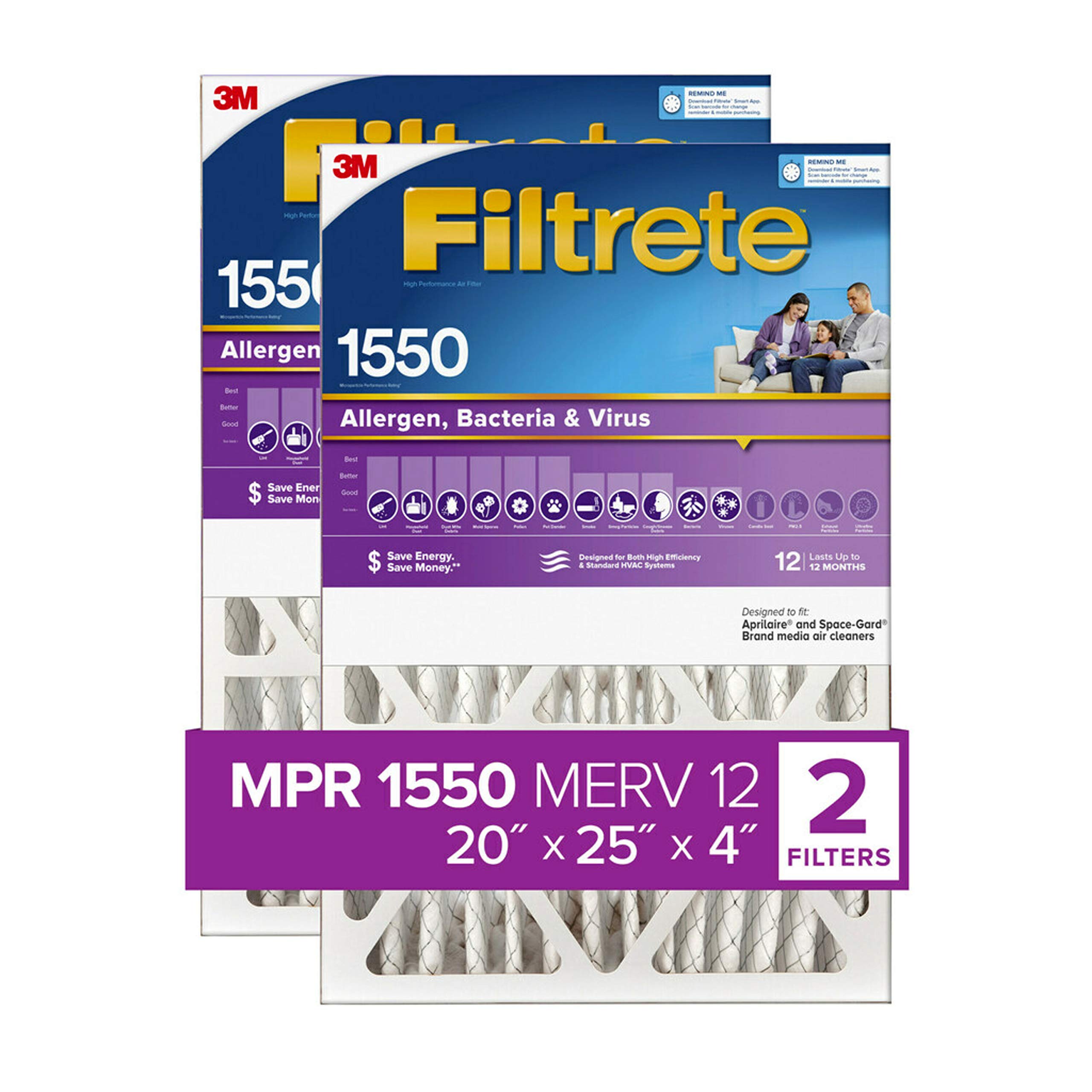 Filtrete 20x25x4, AC Furnace Air Filter, MPR 1550 DP, Healthy Living Ultra Allergen Deep Pleat, 2-Pack (Actual 19.88 x 24.63 x 4.31)