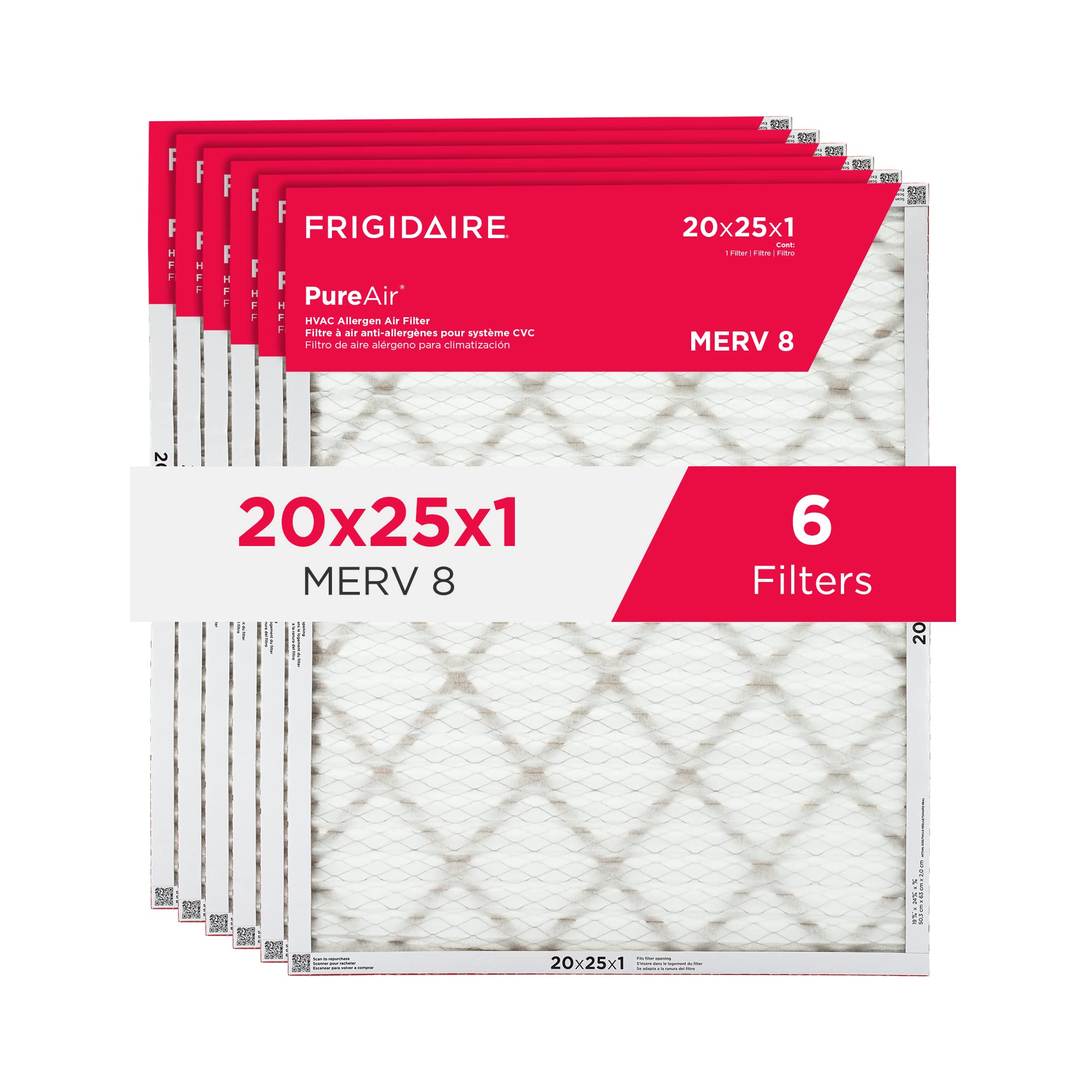 Frigidaire PureAir® 20x25x1 MERV 8 Allergen Electrostatic Pleated Air Conditioner HVAC AC Furnace Filters - 6 Pack (exact dimensions 19.81 X 24.81 X 0.81)