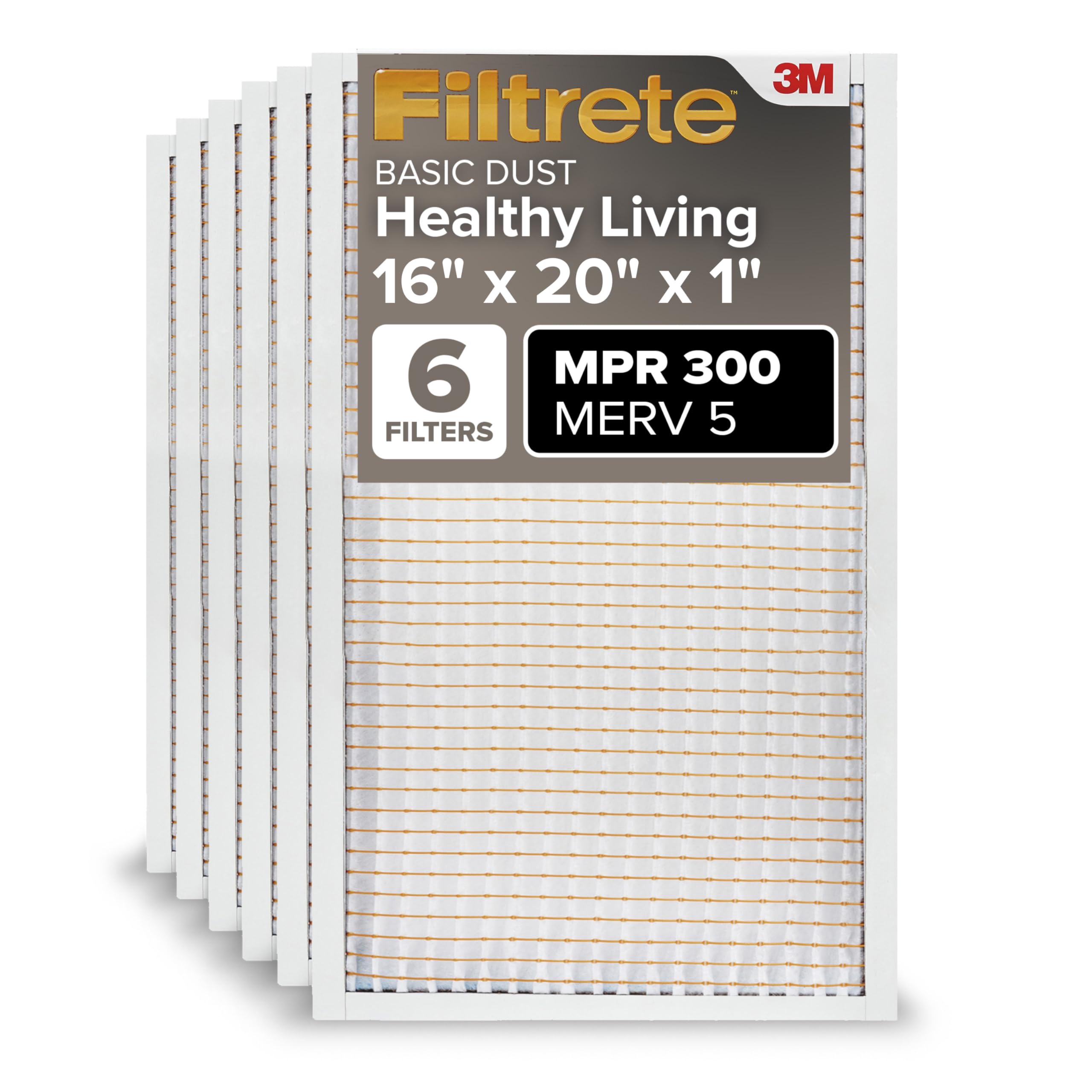 Filtrete 16x20x1 AC Furnace Air Filter, MERV 5, MPR 300, Capture Unwanted Particles, 3-Month Pleated 1-Inch Electrostatic Air Cleaning Filter, 6-Pack (Actual Size15.69x19.69x0.81 in)