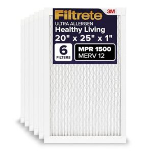 filtrete 20x25x1 ac furnace air filter, merv 12, mpr 1500, certified asthma & allergy friendly, 3 month pleated 1-inch electrostatic air cleaning filter, 6-pack (actual size 19.69x24.69x0.78 in)
