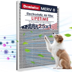 demiwise 20x25x1 electrostatic air filter, merv 8 washable aluminum ac/hvac furnace filter, reusable permanent air filter, lasts a lifetime, easy to install, healthier home/office environment