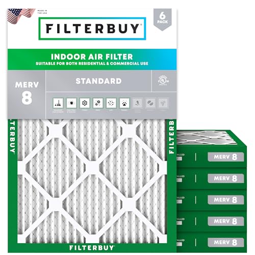 Filterbuy 20x25x2 Air Filter MERV 8 Dust Defense (6-Pack), Pleated HVAC AC Furnace Air Filters Replacement (Actual Size: 19.50 x 24.50 x 1.75 Inches)