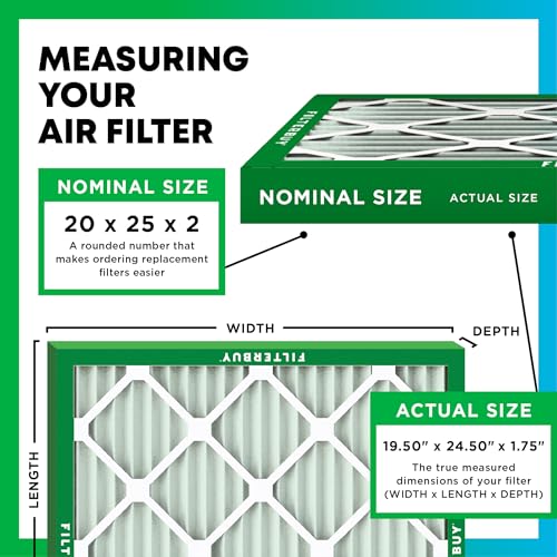 Filterbuy 20x25x2 Air Filter MERV 8 Dust Defense (6-Pack), Pleated HVAC AC Furnace Air Filters Replacement (Actual Size: 19.50 x 24.50 x 1.75 Inches)