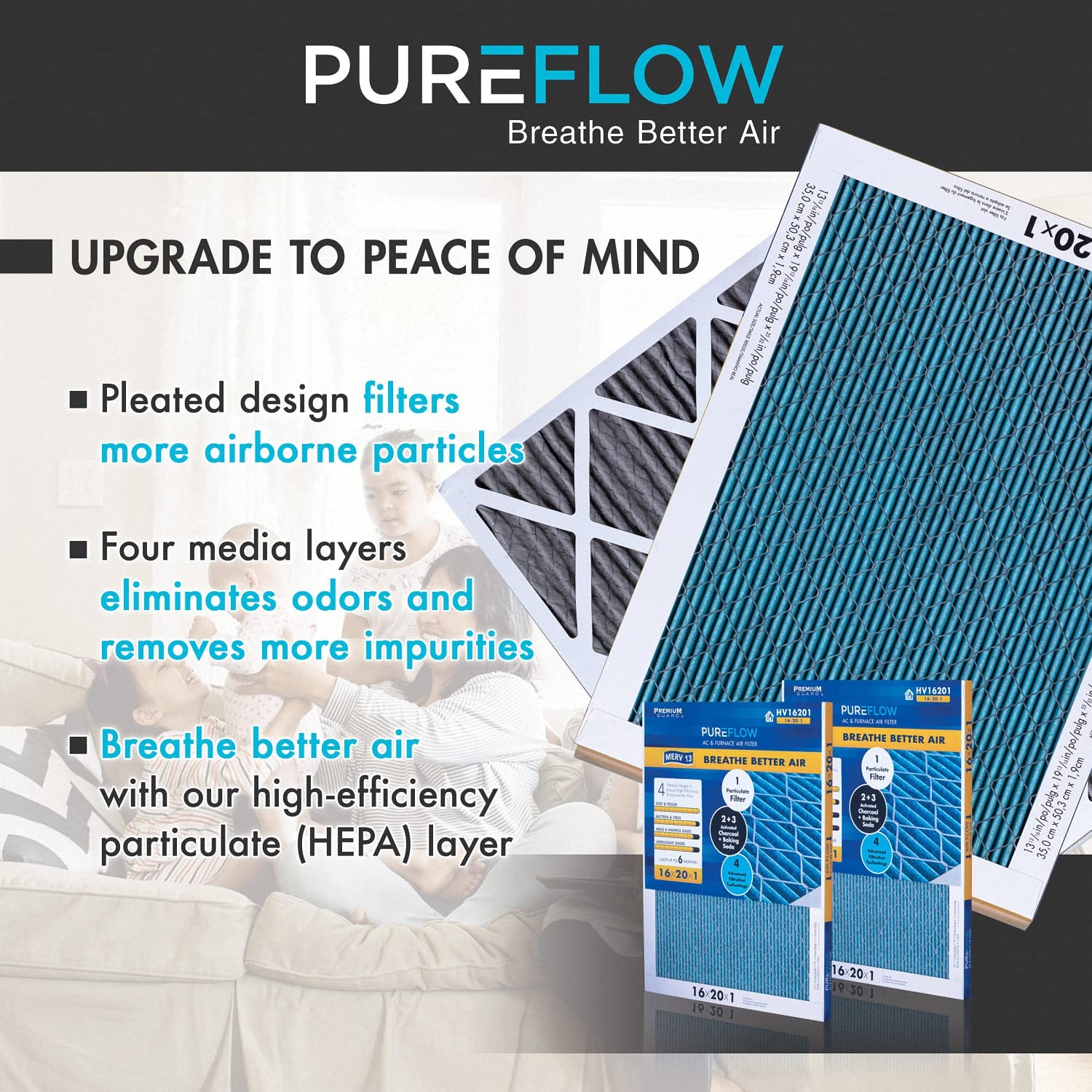 PureFlow, Home Furnace Air Filter 20x25x4, with 4 Layers of Advanced Filtration Technology, MERV-13 Pack-of-1