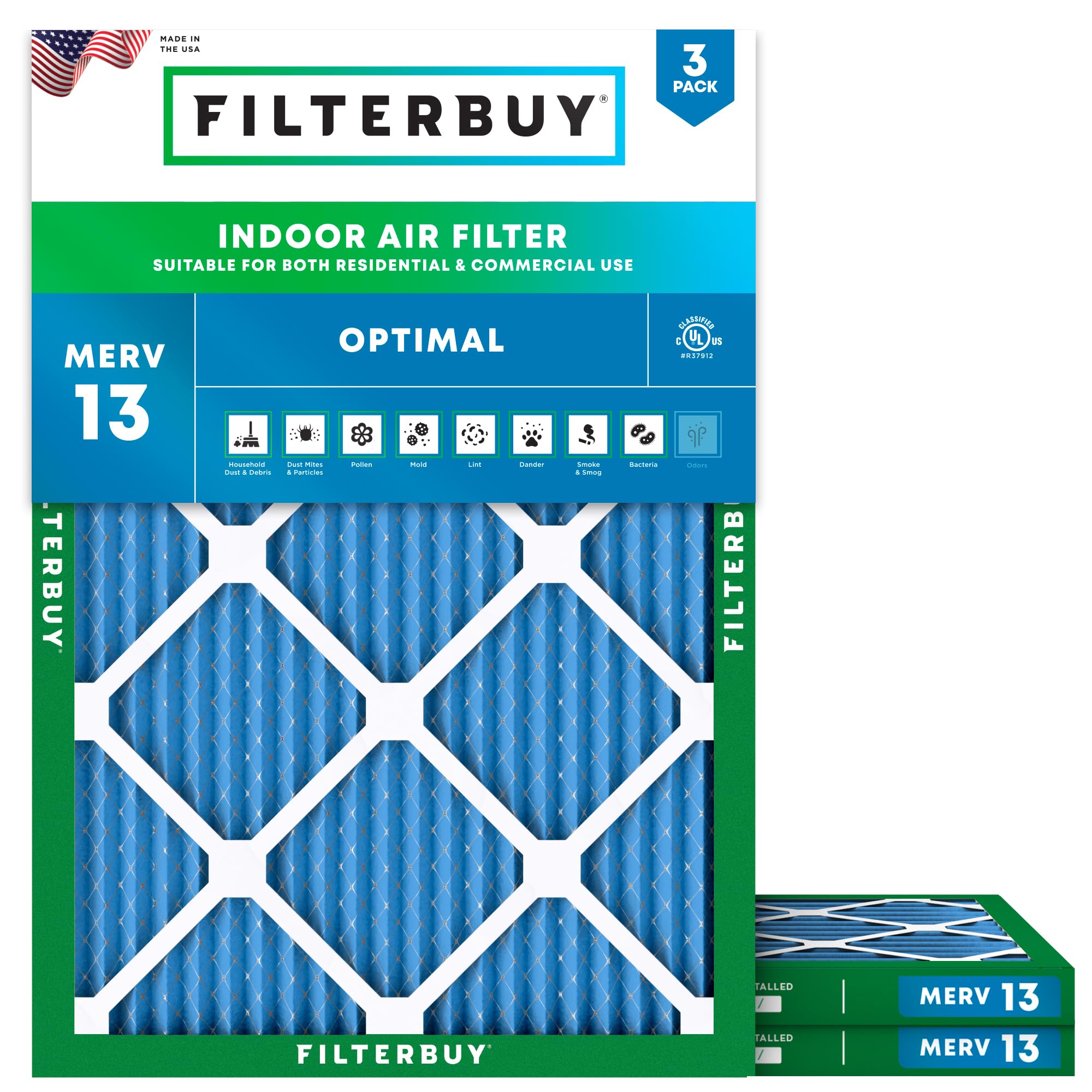 Filterbuy 20x25x1 Air Filter MERV 13 Optimal Defense (3-Pack), Pleated HVAC AC Furnace Air Filters Replacement (Actual Size: 19.50 x 24.50 x 0.75 Inches)