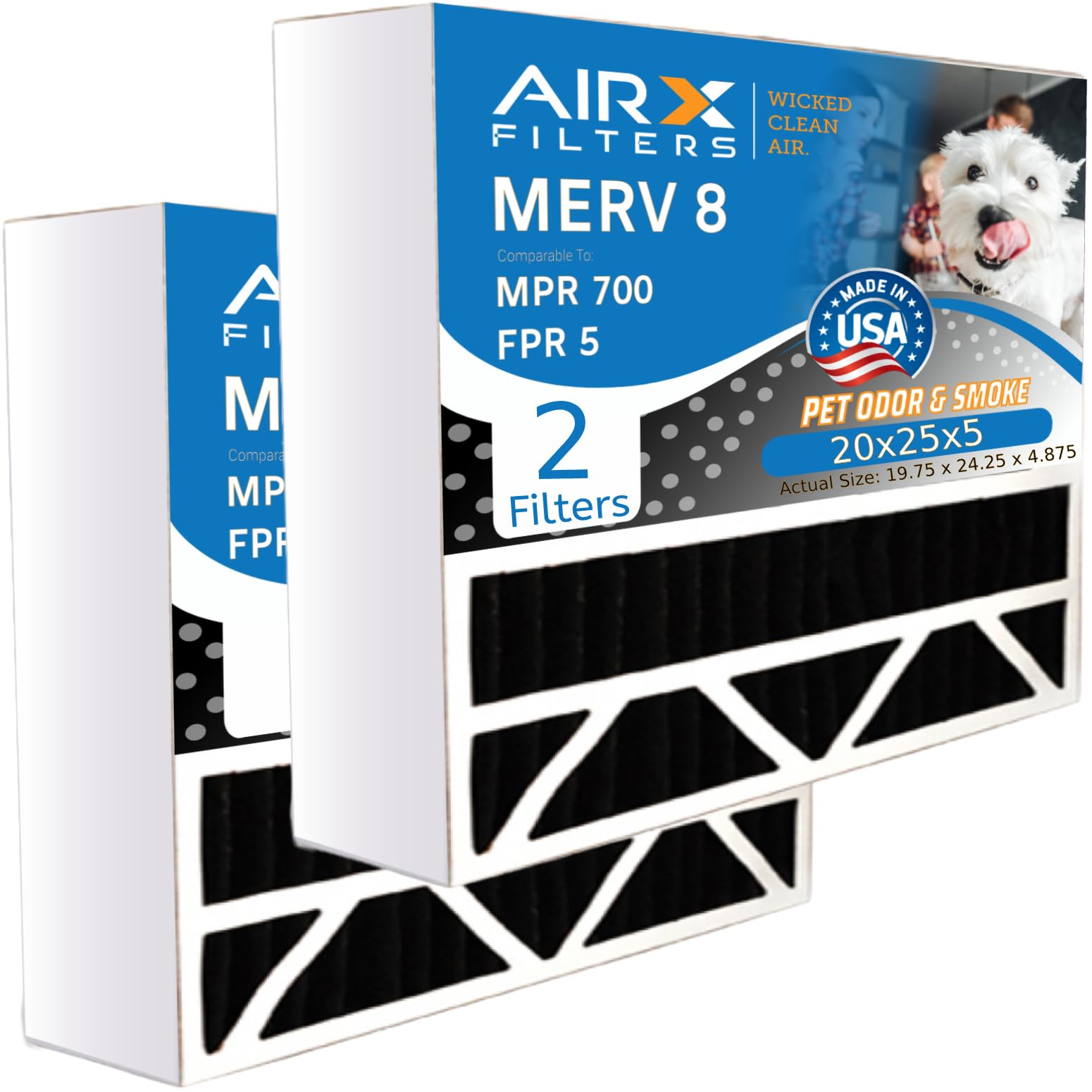 AIRX FILTERS WICKED CLEAN AIR. 20x25x5 Air Filter Odor Eliminator Carbon Filter MERV 8 Compatible with Air Bear 255649-102 2 Pack