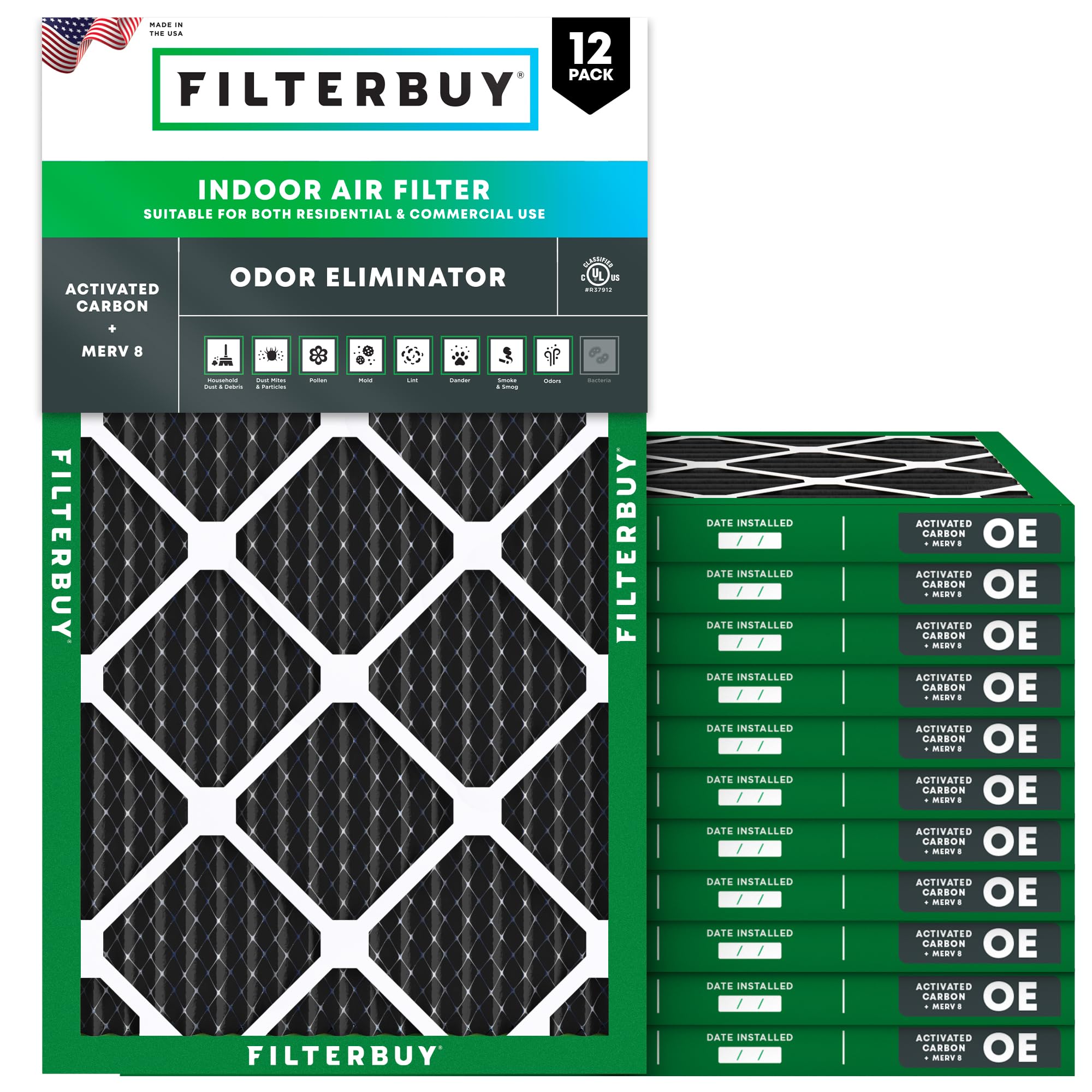 Filterbuy 20x25x1 Air Filter MERV 8 Odor Eliminator (12-Pack), Pleated HVAC AC Furnace Air Filters Replacement with Activated Carbon (Actual Size: 19.50 x 24.50 x 0.75 Inches)