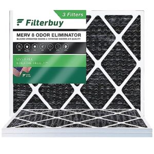 Filterbuy 20x25x1 Air Filter MERV 8 Odor Eliminator (3-Pack), Pleated HVAC AC Furnace Air Filters Replacement with Activated Carbon (Actual Size: 19.50 x 24.50 x 0.75 Inches)