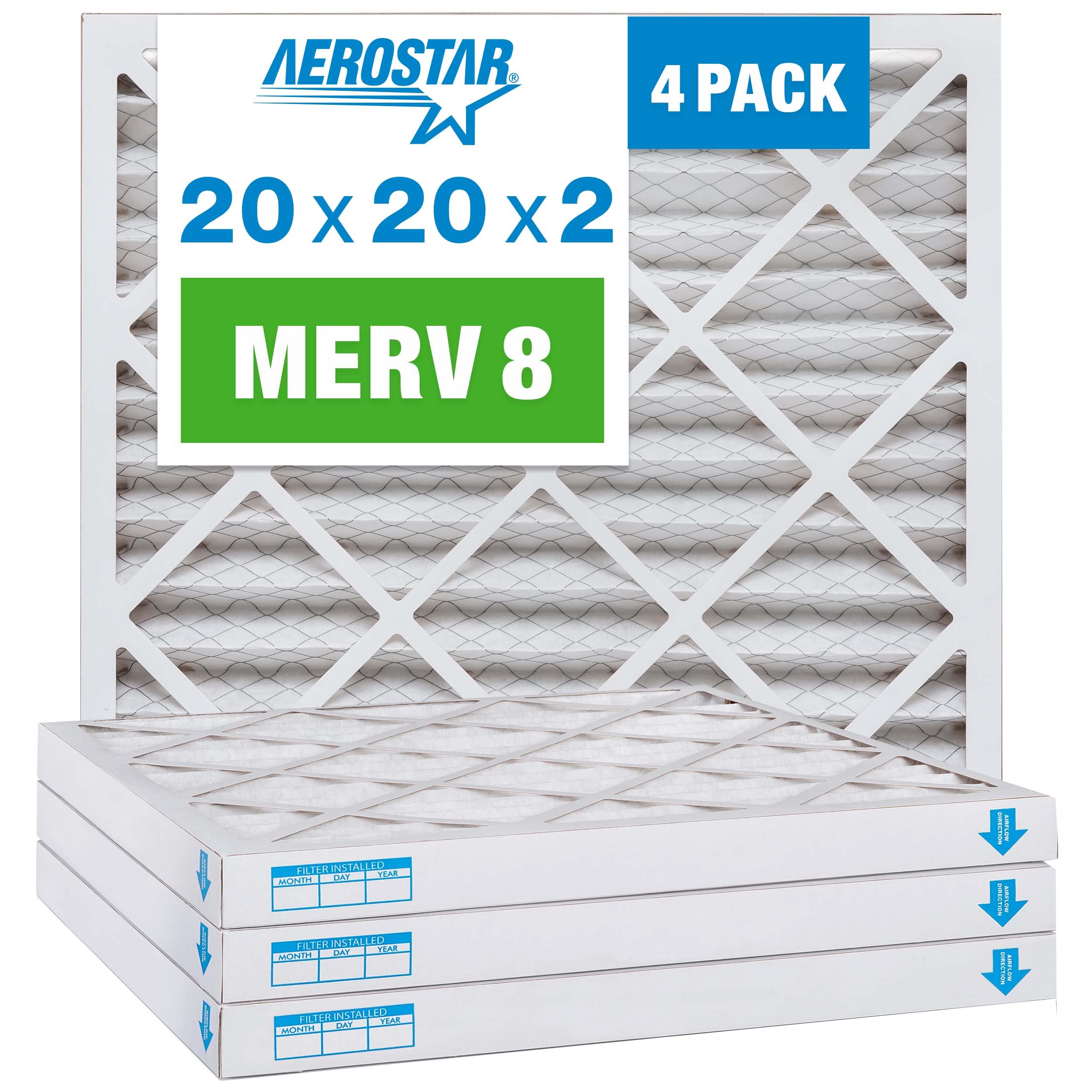 Aerostar Clean House 20x20x2 MERV 8 Pleated Air Filter (Actual Size: 19 1/2"x19 1/2"x1 3/4"), 4-Pack, White