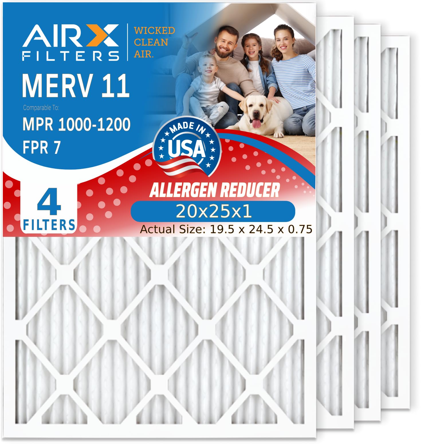 AIRX FILTERS WICKED CLEAN AIR. 20x25x1 Air Filter MERV 11 Electrostatic Pleated Air Conditioner Filter 4 Pack HVAC AC Furnace Filters