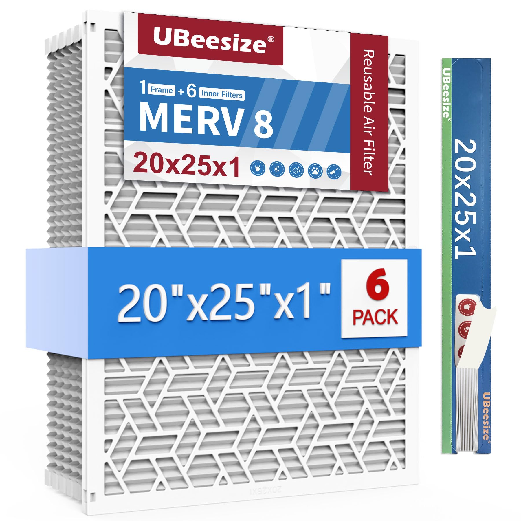 UBeesize Reusable 20x25x1 Air Filter(6-Pack),Upgrade AC/HVAC/Furnace Filter,MERV 8,MPR 700,Easy to Close/Open,1xReusable ABS Frame+6xReplaceable Filter(Actual Size: 19.72x24.6x0.87 Inch)