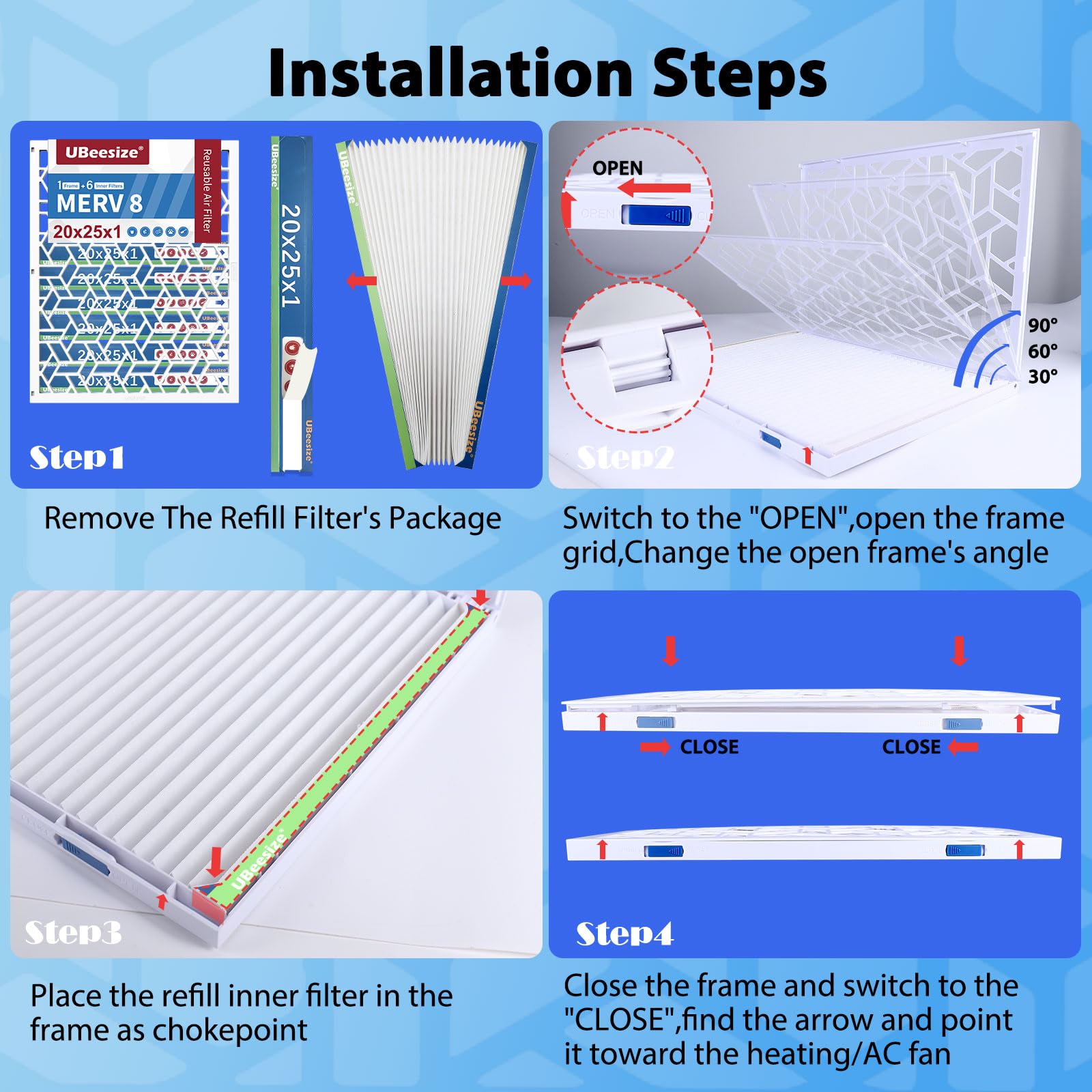 UBeesize Reusable 20x25x1 Air Filter(6-Pack),Upgrade AC/HVAC/Furnace Filter,MERV 8,MPR 700,Easy to Close/Open,1xReusable ABS Frame+6xReplaceable Filter(Actual Size: 19.72x24.6x0.87 Inch)