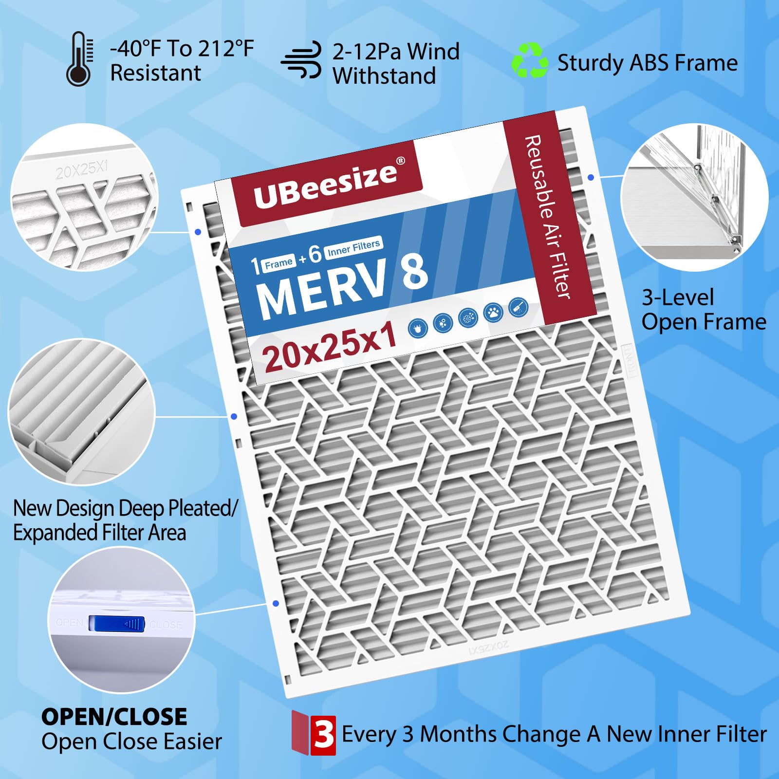 UBeesize Reusable 20x25x1 Air Filter(6-Pack),Upgrade AC/HVAC/Furnace Filter,MERV 8,MPR 700,Easy to Close/Open,1xReusable ABS Frame+6xReplaceable Filter(Actual Size: 19.72x24.6x0.87 Inch)