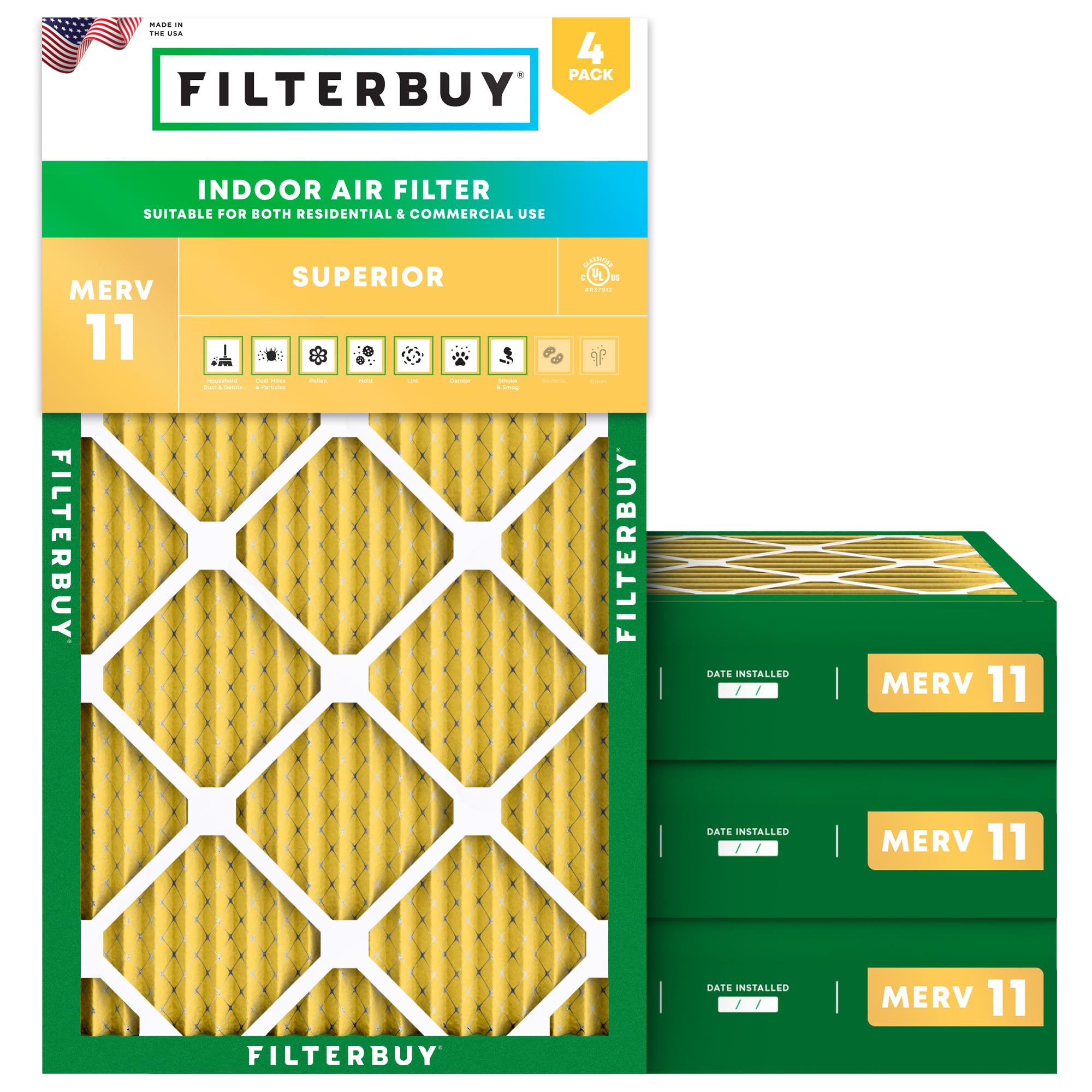 Filterbuy 8x24x4 Air Filter MERV 11 Allergen Defense (4-Pack), Pleated HVAC AC Furnace Air Filters Replacement (Actual Size: 8.00 x 24.00 x 4.00 Inches)