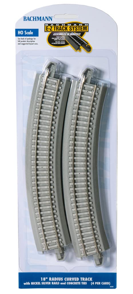 Bachmann Trains - Snap Fit E-Z Track Nickel Silver Track with Concrete Ties ON Gray Roadbed - 18” Radius Curved Track (4/Card) - HO Scale, Prototypical Colors,44701