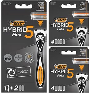 bic hybrid 5 flex refillable men's razor, 1 weighted handle and 10 nano-tech titanium 5-blade refills with precision blade - bundle of 1+10 multicolor