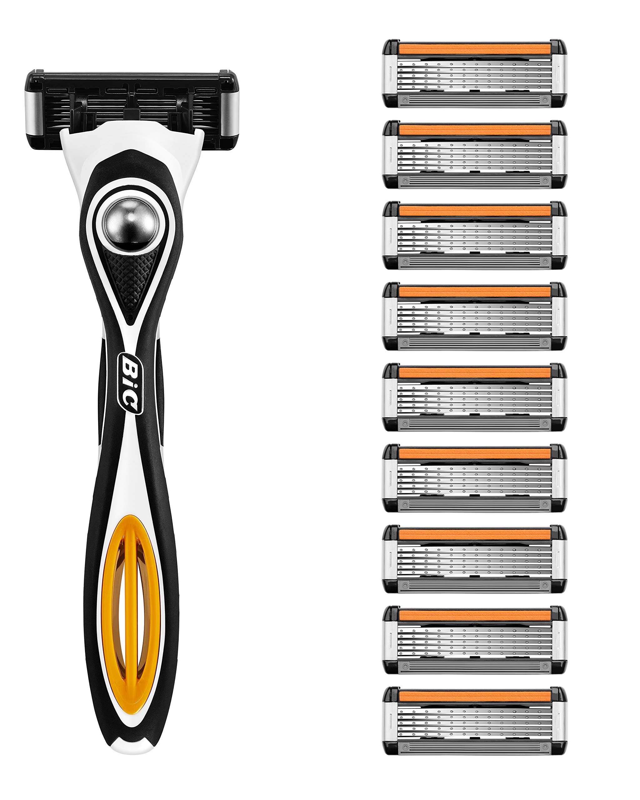 BIC Hybrid 5 Flex Refillable Men's Razor, 1 Weighted Handle and 10 Nano-Tech Titanium 5-Blade Refills with Precision Blade - Bundle of 1+10 Multicolor