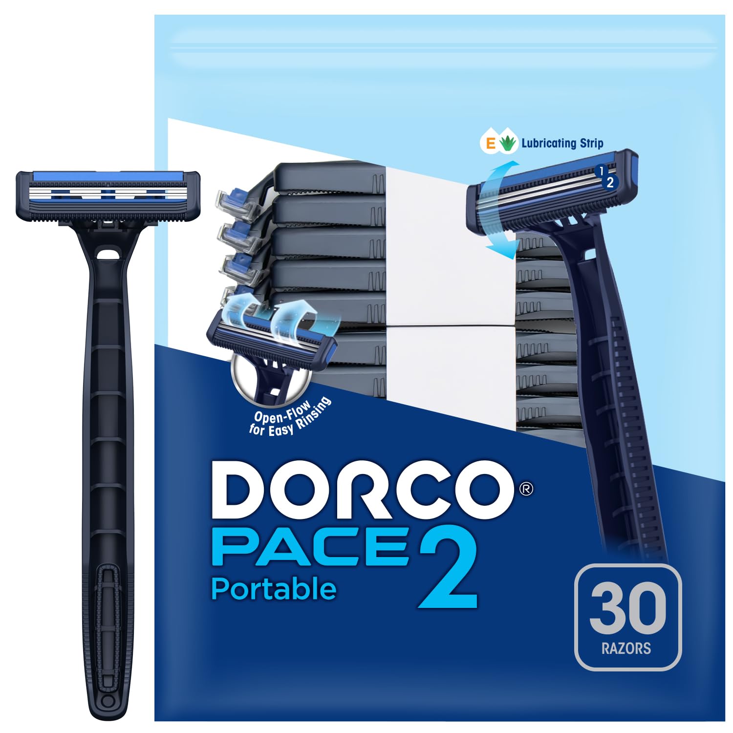 Dorco Pace 2 Plus Disposable Razor 2 blades Pivoting Head Open-Flow for Easy Rinsing with Lubricating Strip and Long Non-Slip Rubber Handle (30ct No Rubber Handle) | Father's Day Gifts