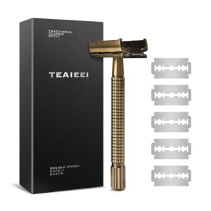 safety razor with chrome plated handle, single blade razors for men with 5 replacement blades long handle double edge safety razor