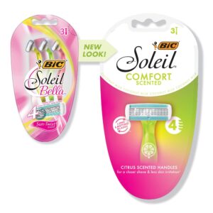 bic soleil comfort, 4 flexible blades and comfortable grip, disposable razors for women, assorted colors, 3-count