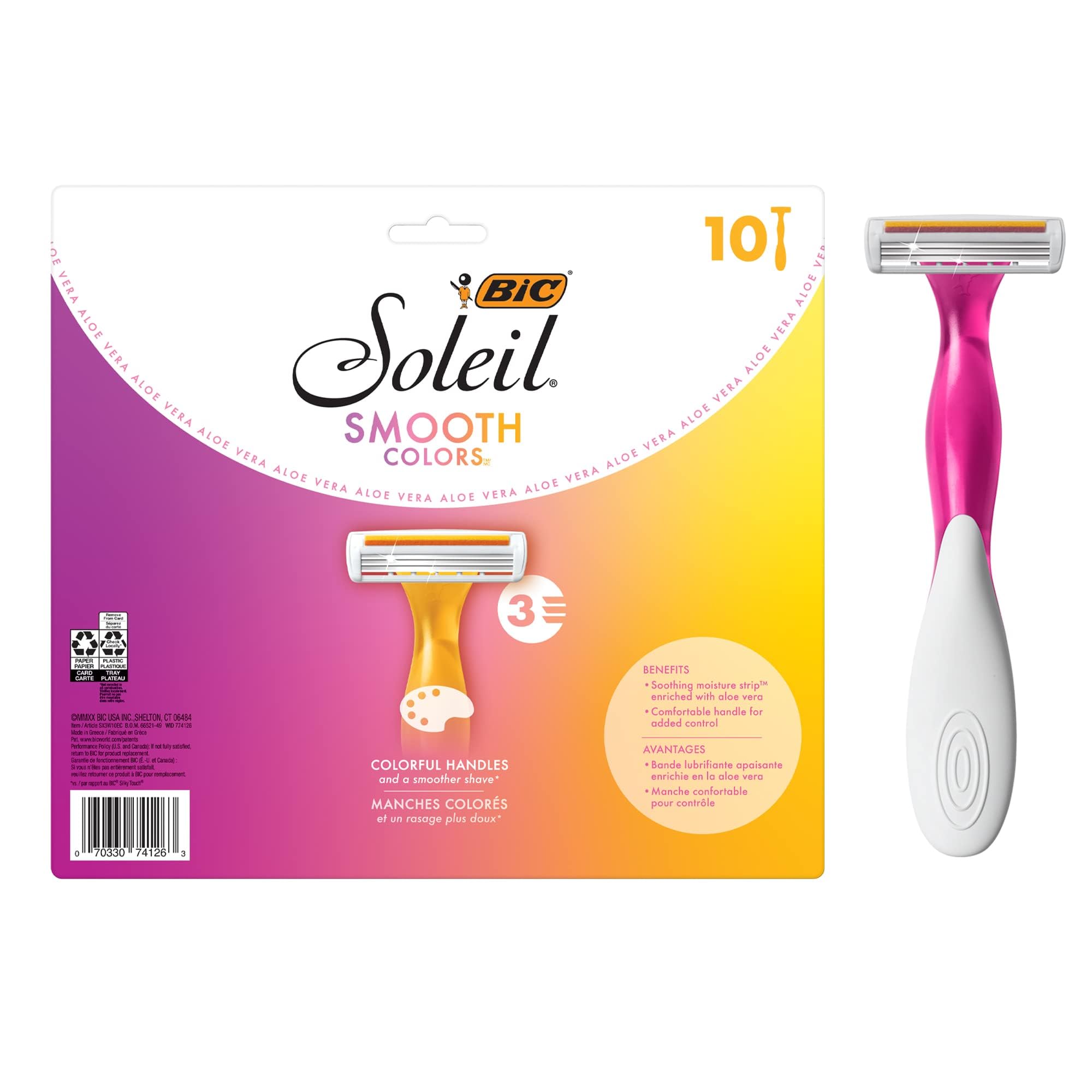 BIC Soleil Smooth Colors Women's Disposable Razors With Aloe Vera and Vitamin E Lubricating Strip for Enhanced Glide, With 3 Blades, 10 Count