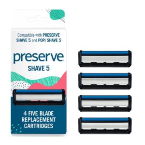 Preserve Shave 5 Five Blade Refillable Razor, Made from Recycled Materials, Navy Blue and Preserve Five Blade Replacement Cartridges Wave Edition (4 Count) Bundle