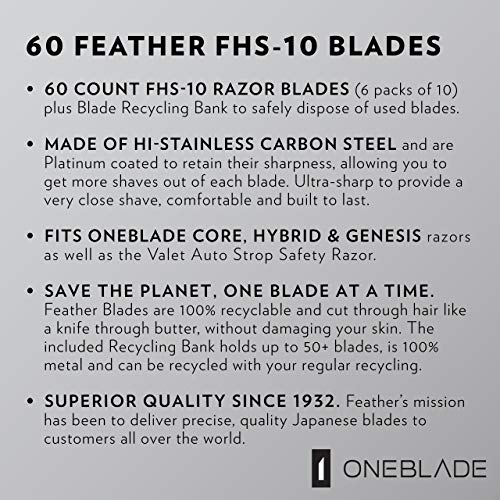 60 Feather FHS-10 Japanese Steel Razor Blades - Refill for OneBlade Core, Hybrid, & Genesis Razors - Single Blade Razor