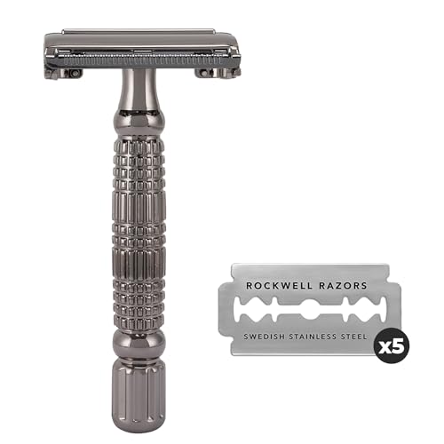 ROCKWELL RAZORS R1 Double Edge Safety Razor in Gunmetal, Butterfly Open with 5 Blades