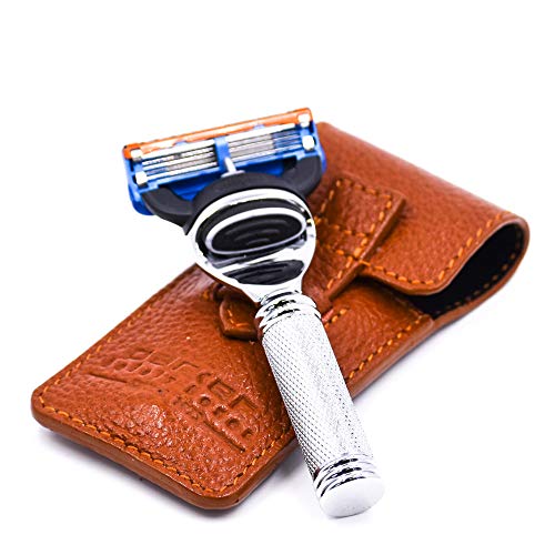 Parker 5 Blade Gillette Fusion Compatible Travel Razor with Luxurious Saddle Leather Case