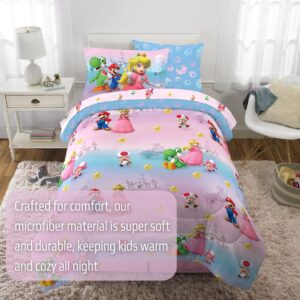 Franco Super Mario Girl Princess Peach Girl Gamer Kids Bedding Super Soft Comforter and Sheet Set with Sham, 5 Piece Twin Size, (Official Licensed Product)