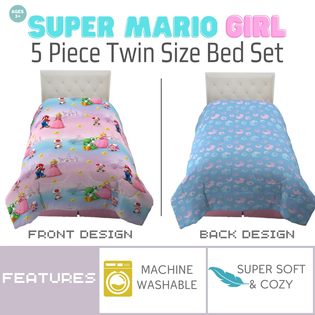 Franco Super Mario Girl Princess Peach Girl Gamer Kids Bedding Super Soft Comforter and Sheet Set with Sham, 5 Piece Twin Size, (Official Licensed Product)