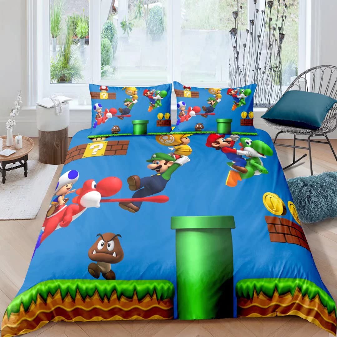 Gvaolleip King Japanese Characters Marios Duvet Cover Bedding Sets Bros Galaxy Super Star Games Soft Microfiber Bed Set Collection, No Comforter Sheet Blue 02