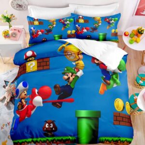 gvaolleip full japanese characters marios bedding sets duvet cover bros galaxy super star games soft microfiber 3 pieces bed set collection, no comforter blue 02