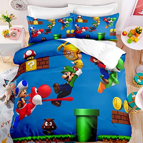 Gvaolleip Twin Japanese Characters Marios Bedding Sets Duvet Cover Bros Galaxy Super Star Games Soft Microfiber 2 Pieces Bed Set Collection, No Comforter Blue 02