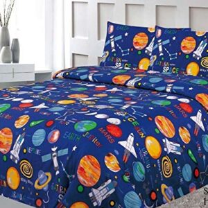 Sapphire Home 3 Piece Space Themed Twin Bed Sheets for Kids - Fitted Sheet, Kids' Sheet & Pillowcase Sets - Planets, Solar System Bedroom Kit - Toddler Bed Sheet - Twin Size