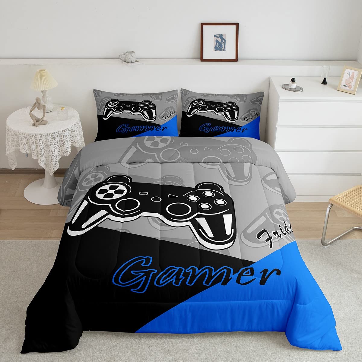 Feelyou Gaming Comforter for Boys Teen Video Game Bedding Set for Kids Gamer Comforter for All Season Gamepad Home Decor for Comforter Set Queen Size,1 Comforter with 2 Pillowcases Blue Black Grey