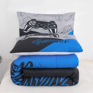 Feelyou Gaming Comforter for Boys Teen Video Game Bedding Set for Kids Gamer Comforter for All Season Gamepad Home Decor for Comforter Set Queen Size,1 Comforter with 2 Pillowcases Blue Black Grey