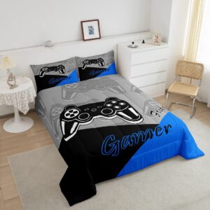 Feelyou Gaming Comforter for Boys Teen Video Game Bedding Set for Kids Gamer Comforter for All Season Gamepad Home Decor for Comforter Set Queen Size,1 Comforter with 2 Pillowcases Blue Black Grey