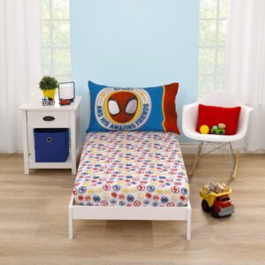 marvel spidey and his amazing friends blue, red, yellow, and green, team up 2 piece toddler sheet set