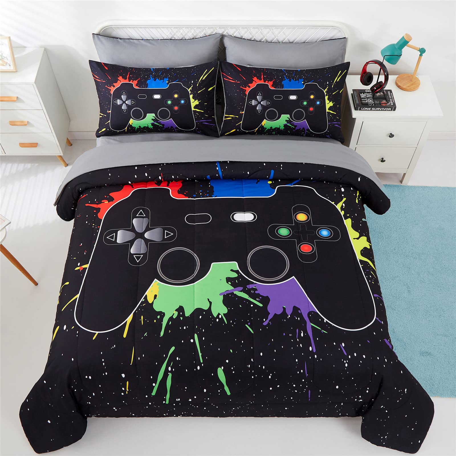 KAKKI 5 Piece Boys Queen Gamer Comforter Set with Sheets, 3D Colorful Video Game Controller Comforter for Kids Teen, All Season Soft Microfiber Gaming Bedding Set(Black,Queen)