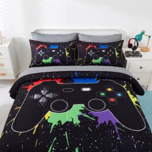 KAKKI 5 Piece Boys Queen Gamer Comforter Set with Sheets, 3D Colorful Video Game Controller Comforter for Kids Teen, All Season Soft Microfiber Gaming Bedding Set(Black,Queen)